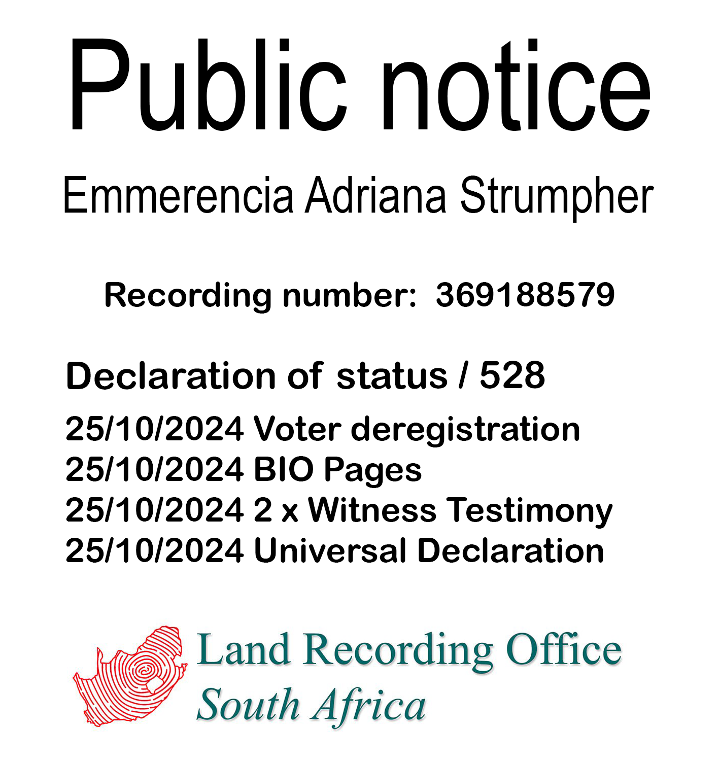 Public notice Emmerencia Adriana Strumpher Recording number 369188579